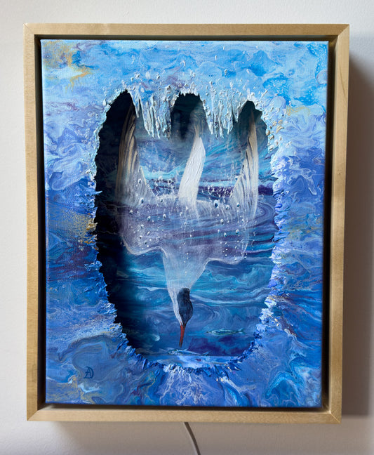 Painting of a tern bird diving into water