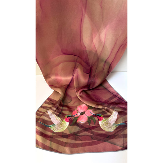 A pair of hummingbirds and a pink flower on a silk scarf, created by artist Andreea Dumez. Unique silk scarf suitable for client appreciation gifts and luxury corporate gifts.