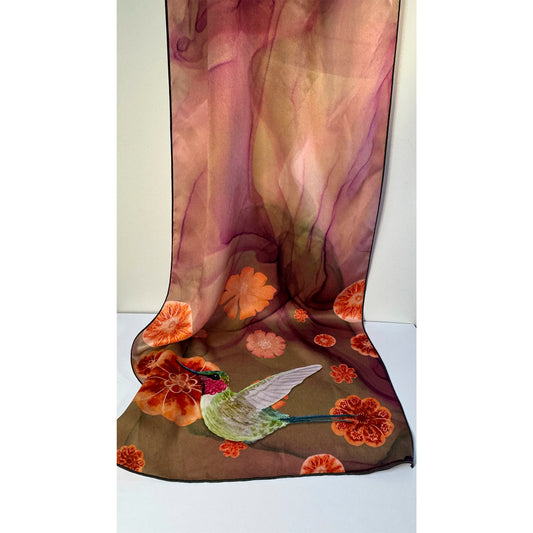 Sheer silk scarf with floral and hummingbird design on a white background. Unique silk scarf suitable for client appreciation gifts and luxury corporate gifts.