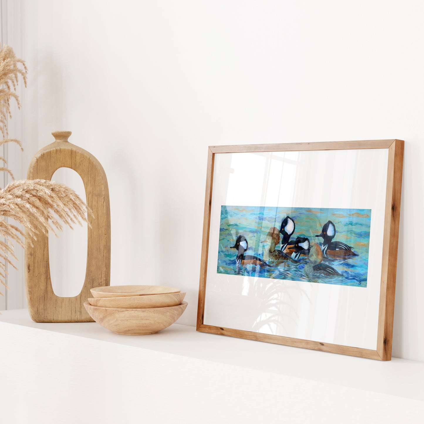 Hooded Merganser ducks swimming - painting