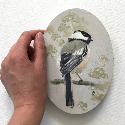 Chickadee acrylic painting on wood, by Andreea Dumez