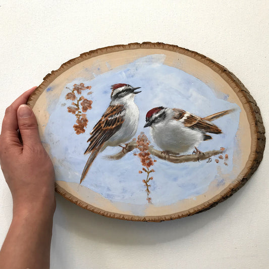 Chipping Sparrows - Original acrylic painting on basswood, by Andreea Dumez
