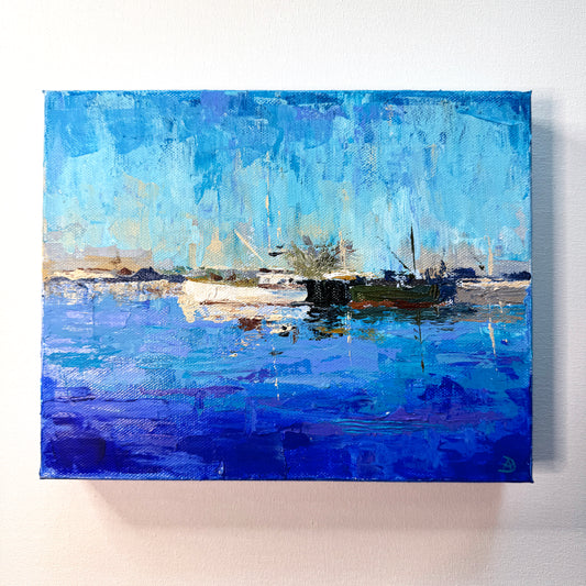 Boats on Piscataqua river, POrtsmouth, NH. Acrylic on canvas painting.
