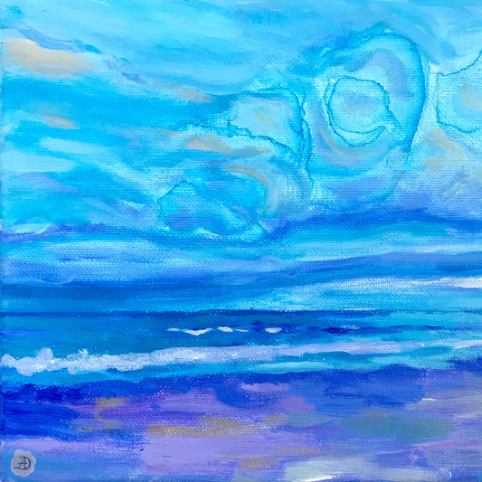 Jenness Beach Acrylic painting by Andreea Dumez, depicting a stormy ocean view with clouds over the beach