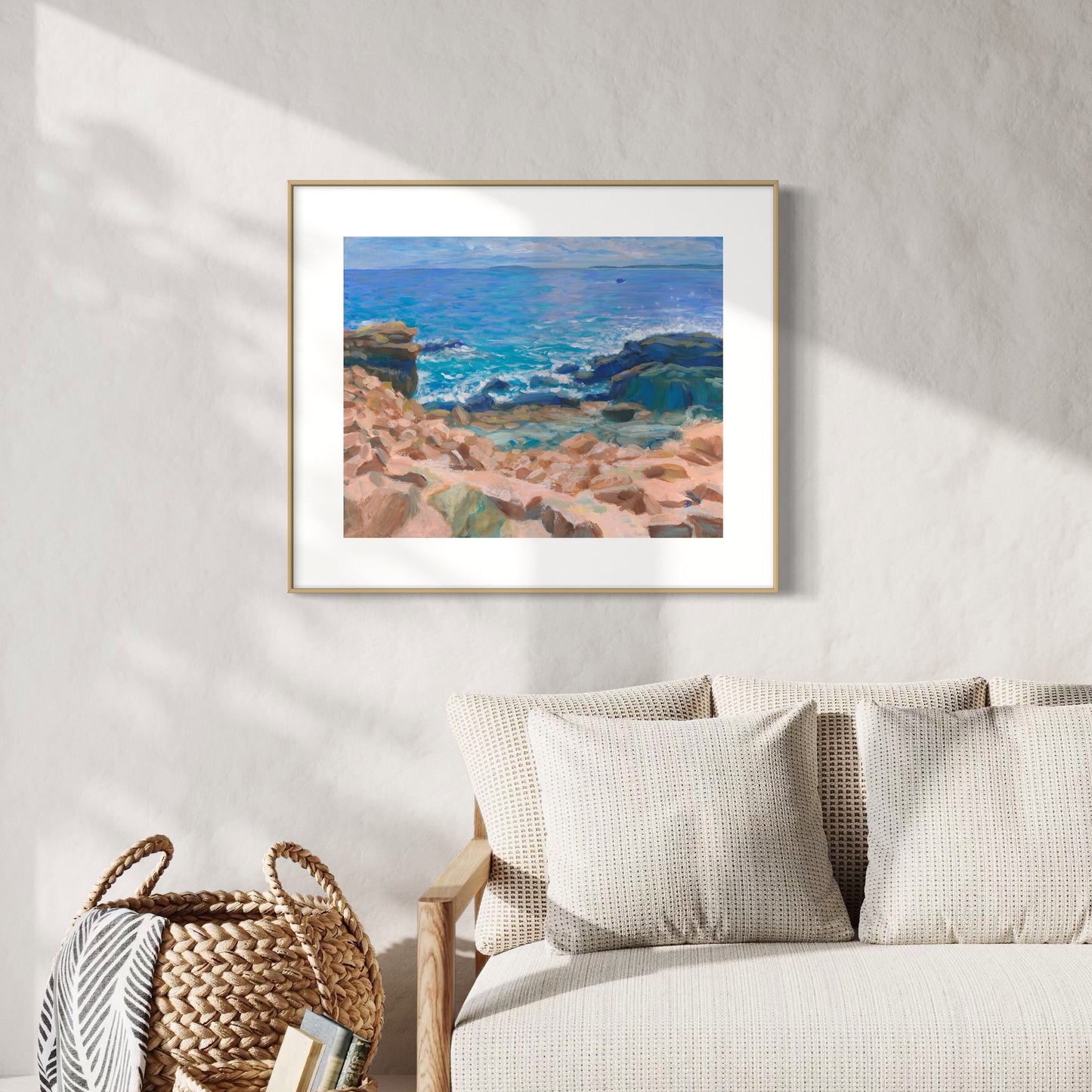 Coastal rustic interior with an acrylic painting depicting a seascape with sunny rocks and the Atlantic ocean at the Acadia National Park, by Andreea Dumez