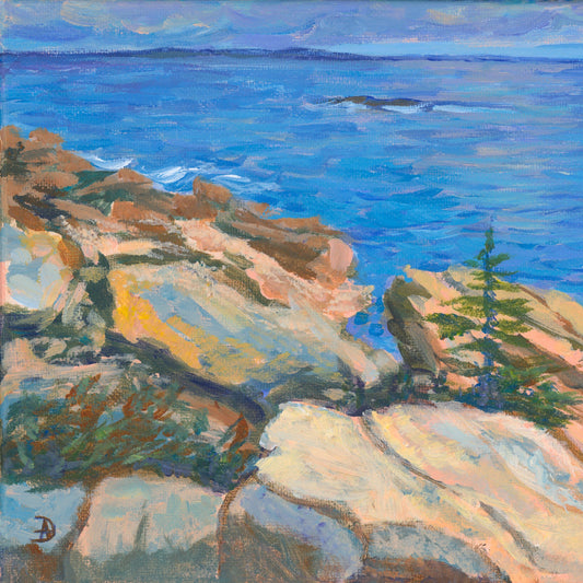 Acrylic painting depicting a seascape with sunny rocks and the Atlantic ocean at the Acadia National Park.