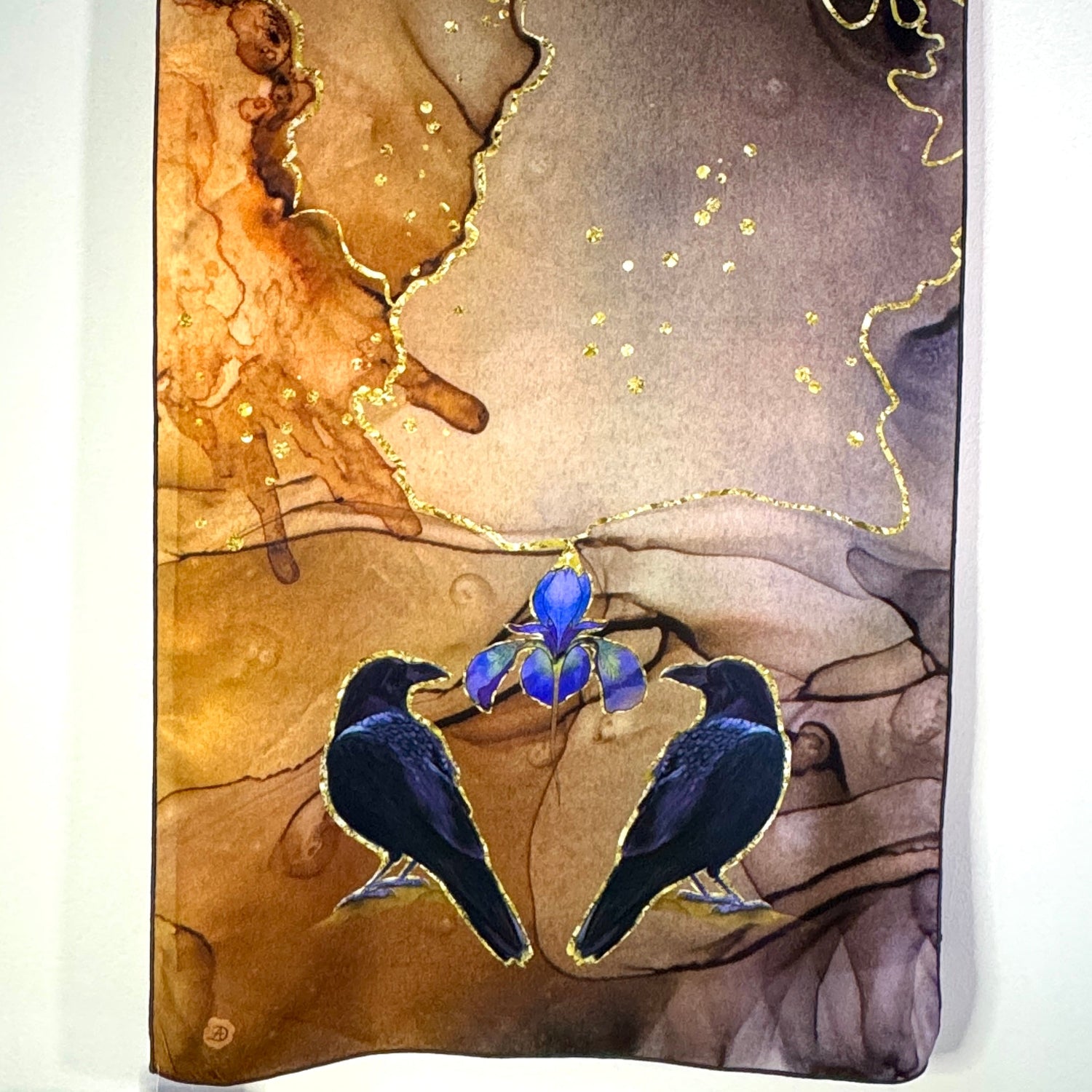 Satin silk scarf with an artistic print of hummingbirds and pink flowers