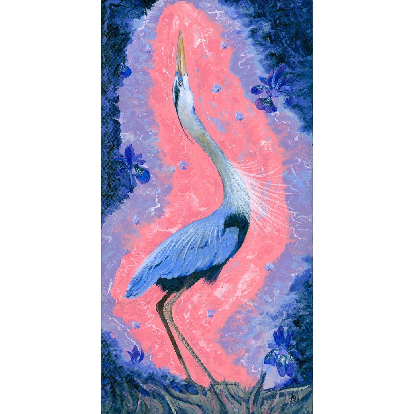 Original painting of a blue heron with its beak upward, called "Awakening" by Andreea Dumez