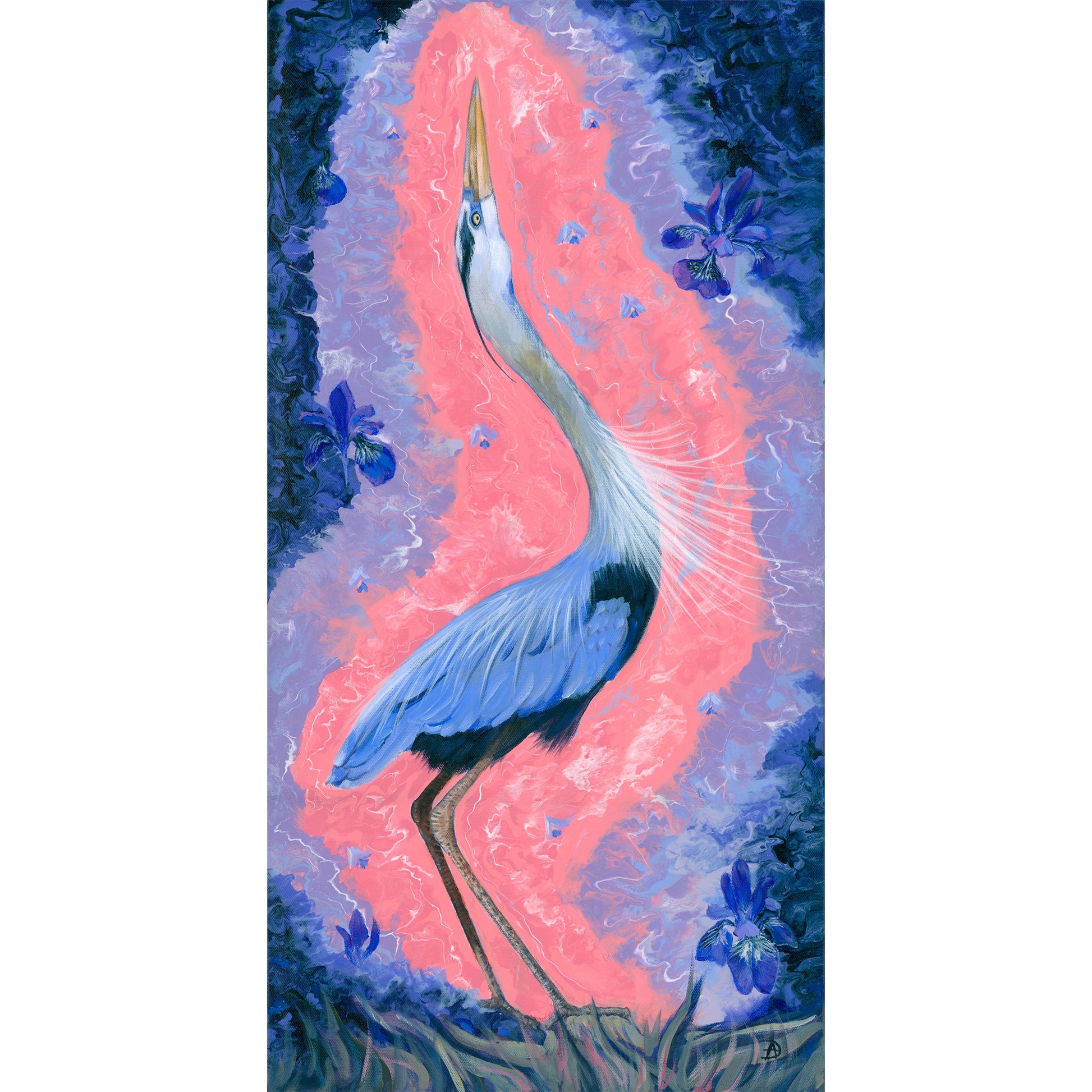 Original painting of a blue heron with its beak upward, called "Awakening" by Andreea Dumez