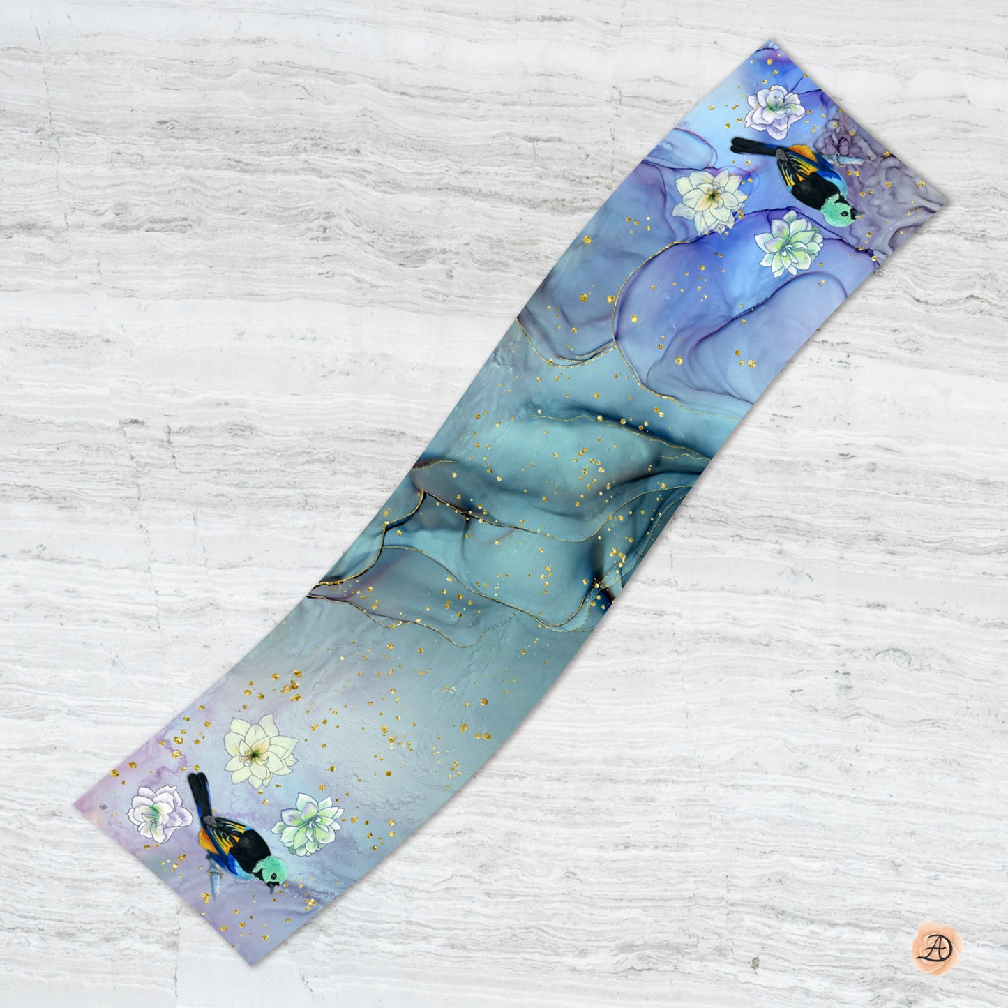 Blue silk scarf with floral and exotic tanager bird design on a white background. Unique silk scarf suitable for client appreciation gifts and luxury corporate gifts. 