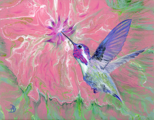 Painting of a hummingbird on a pink and green abstract background