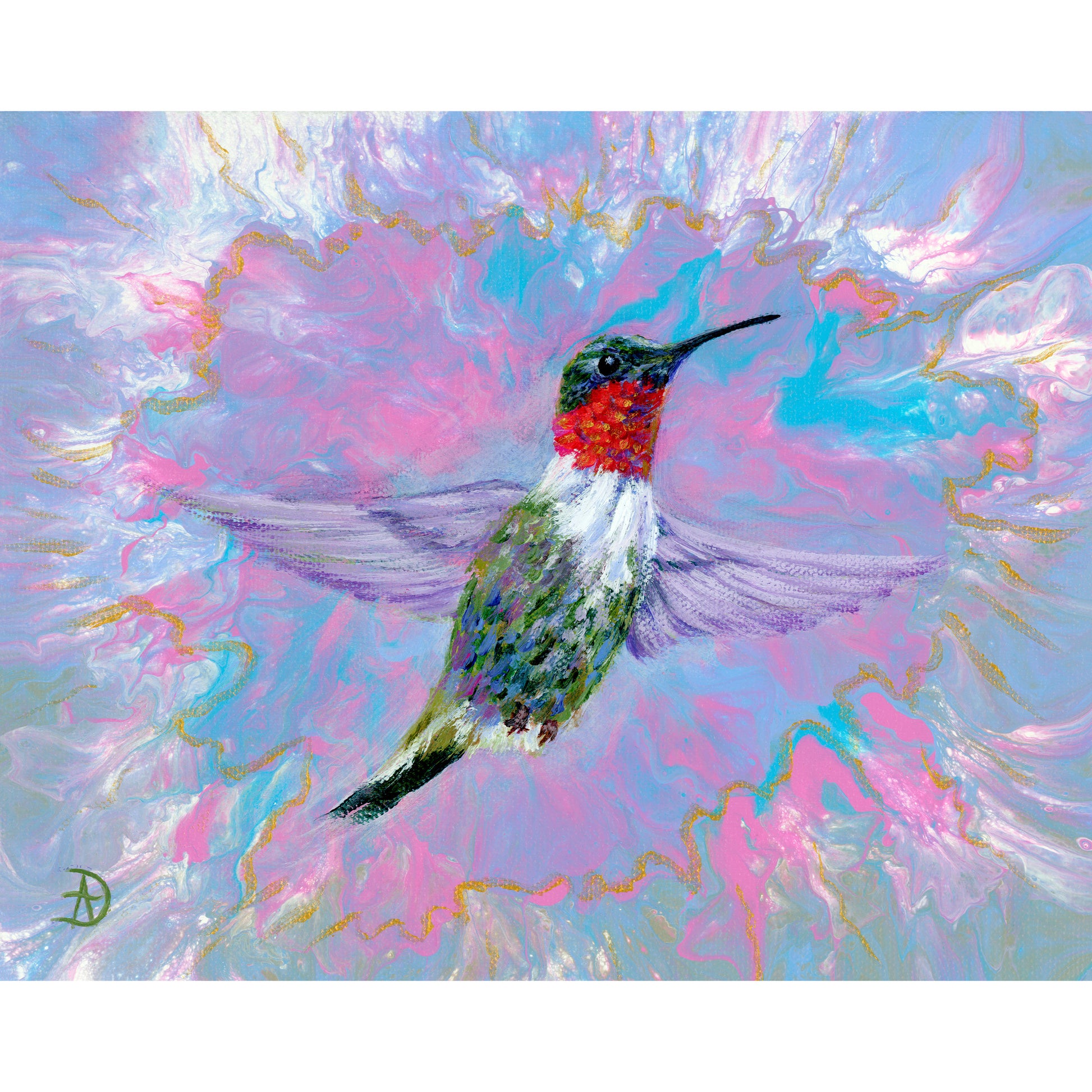 Colorful hummingbird painting on a abstract, multicolored background