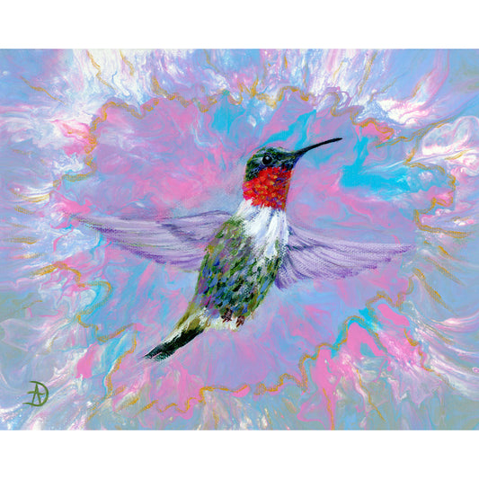 Colorful hummingbird painting on a abstract, multicolored background