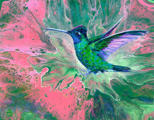 Colorful abstract painting of a hummingbird with pink and green background