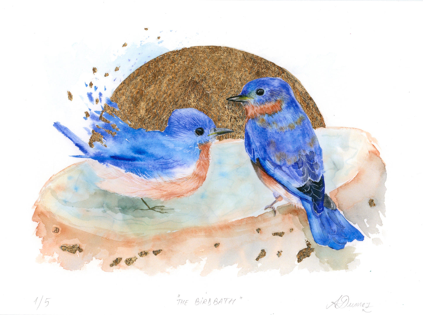 Gold Leaf Limited Edition "Bluebirds at the Bird Bath"