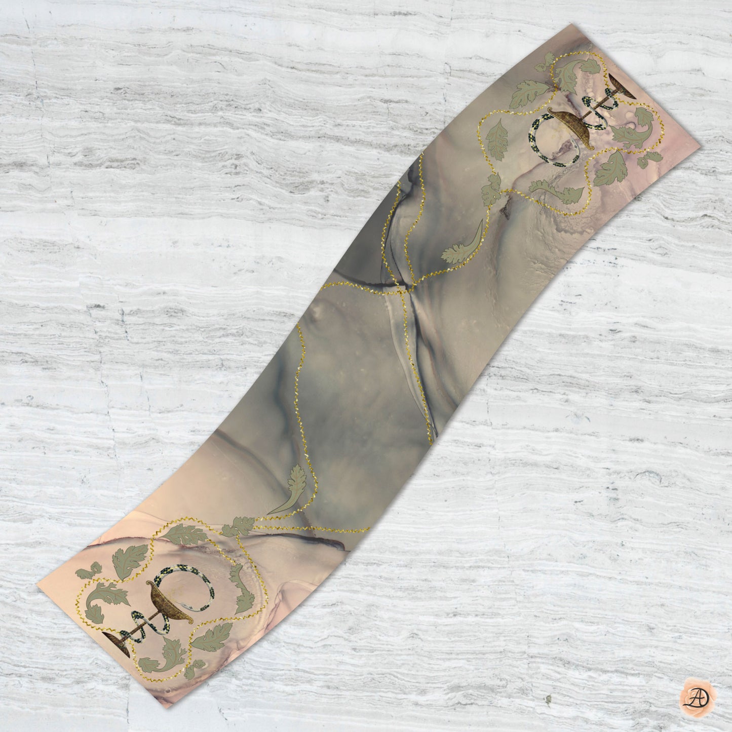 Silk Charmeuse scarf with a decorative print of the Bowl of Hygieia (medicine and pharmacy symbol with the snake wrapped around a chalice) and acanthus leaves on a beige-green abstract background. Unique silk scarf suitable for client appreciation gifts and luxury corporate gifts. Great gift for nurses, doctors, hospital residents, pharmacists. 