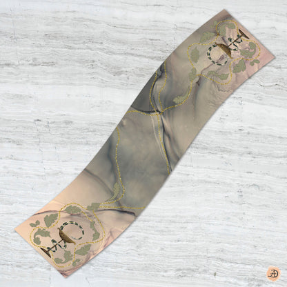 Silk Charmeuse scarf with a decorative print of the Bowl of Hygieia (medicine and pharmacy symbol with the snake wrapped around a chalice) and acanthus leaves on a beige-green abstract background. Unique silk scarf suitable for client appreciation gifts and luxury corporate gifts. Great gift for nurses, doctors, hospital residents, pharmacists. 