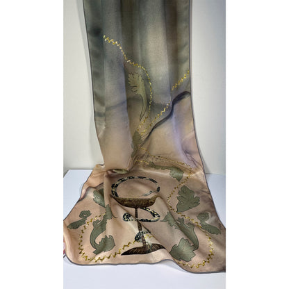 Silk Charmeuse scarf with a decorative print of the Bowl of Hygieia (medicine and pharmacy symbol with the snake wrapped around a chalice) and acanthus leaves on a beige-green abstract background. Unique silk scarf suitable for client appreciation gifts and luxury corporate gifts. 