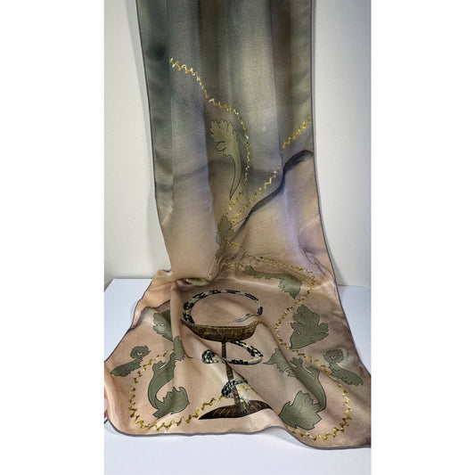 Silk Charmeuse scarf with a decorative print of the Bowl of Hygieia (medicine and pharmacy symbol with the snake wrapped around a chalice) and acanthus leaves on a beige-green abstract background. Unique silk scarf suitable for client appreciation gifts and luxury corporate gifts. 