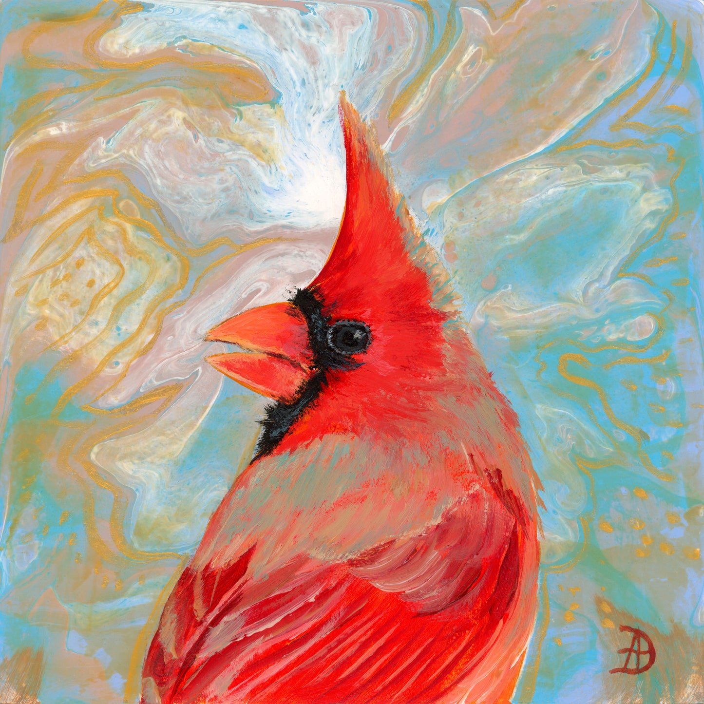 Painting of a red cardinal bird on an abstract background
