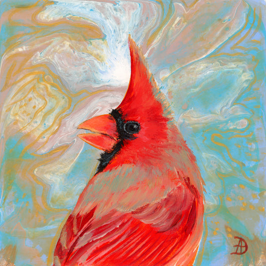 Painting of a red cardinal bird on an abstract background