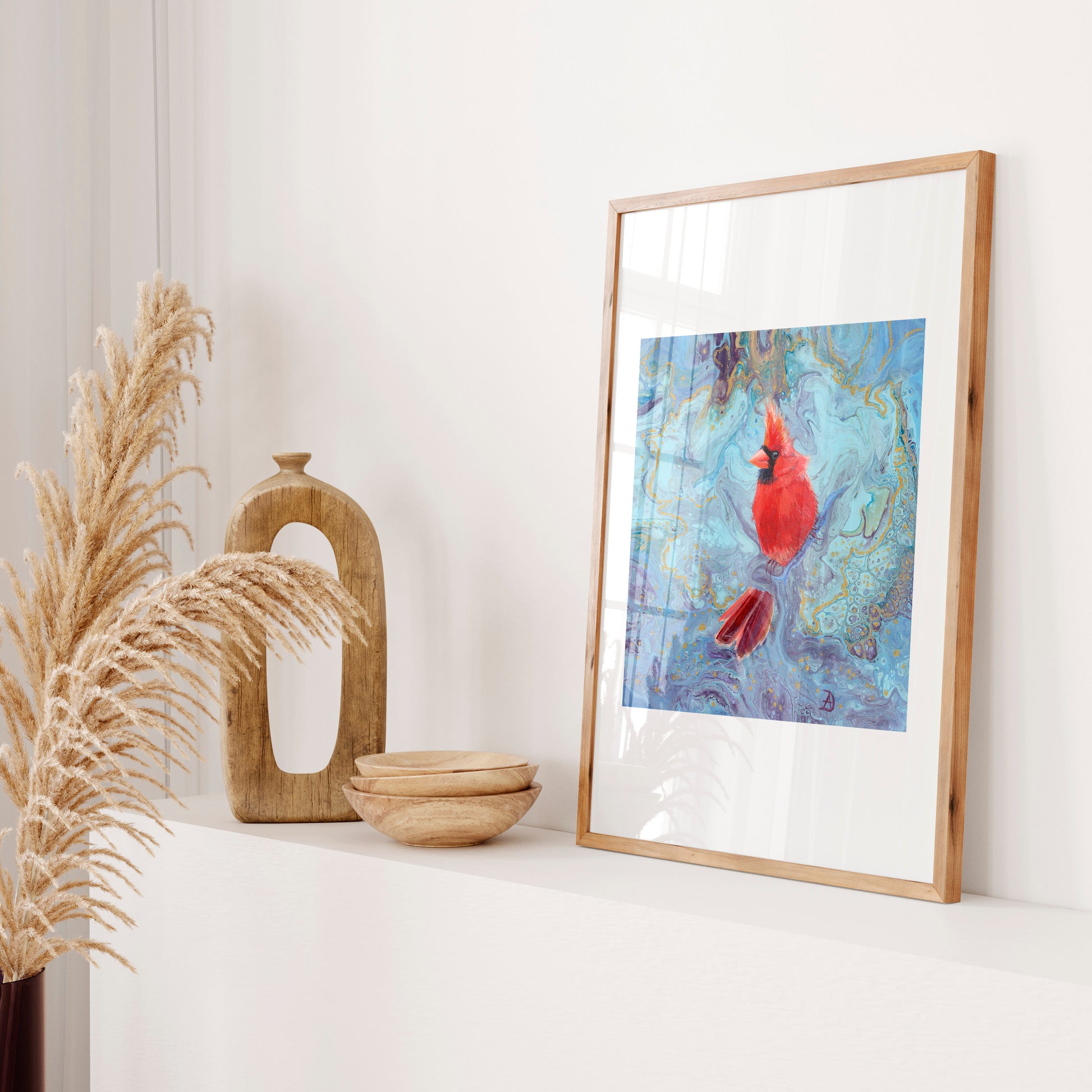 Art print depicting a red cardinal on an abstract background