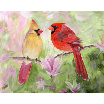 Painting reproduction of  a pair of cardinal birds on a magnolia branch, surrounded by magnolia flowers. 