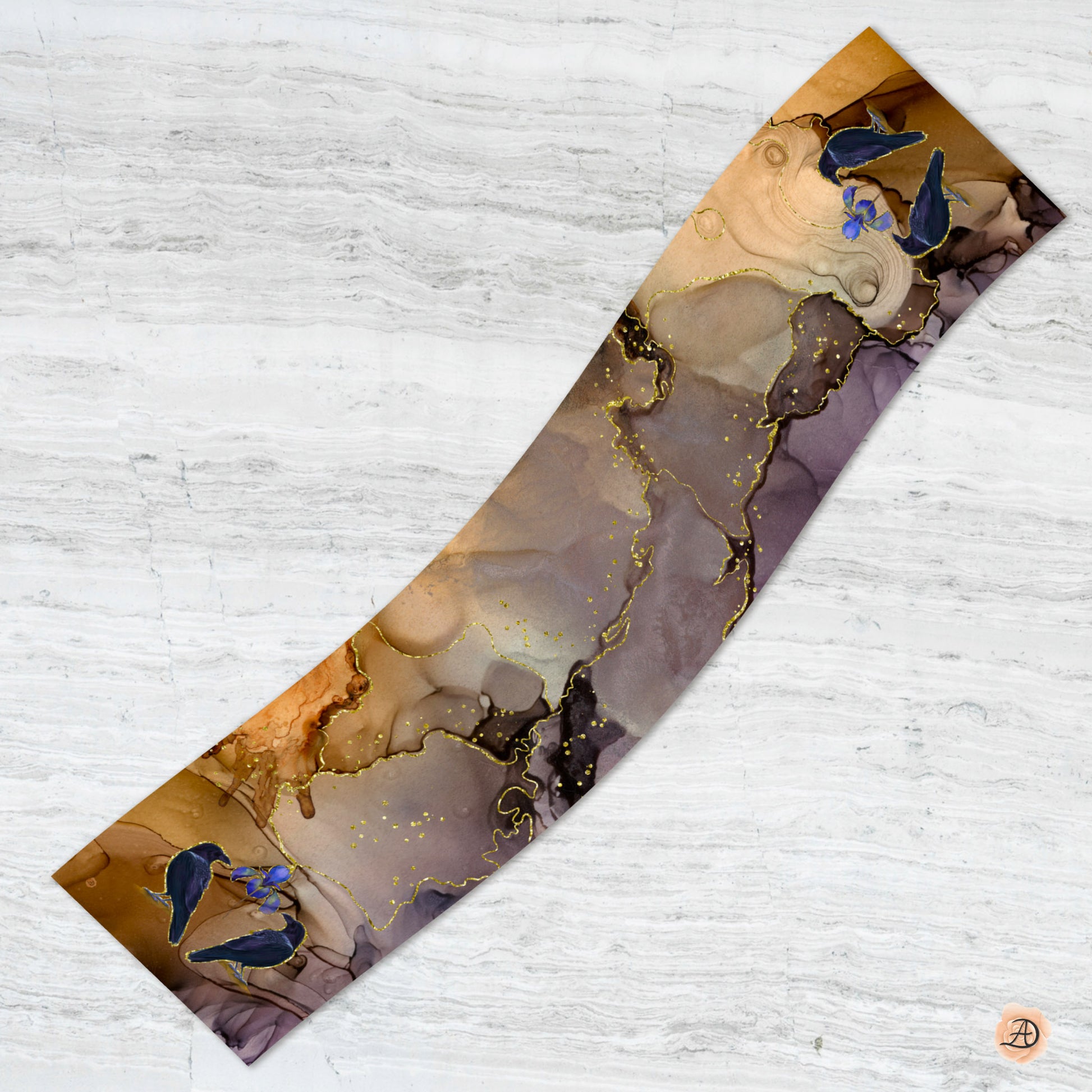 Artistic depiction of crow birds and a blue iris flower on a textured surface of a silk scarf, with a white background. Unique silk scarf suitable for client appreciation gifts and luxury corporate gifts. 