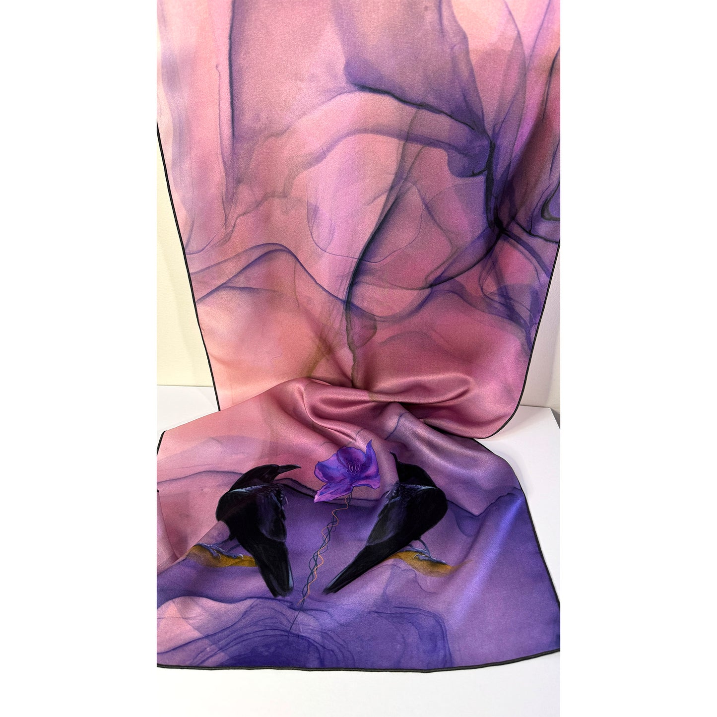 Silk scarf with purple, black and pink abstract design and two crows on a white background. Unique silk scarf suitable for client appreciation gifts and luxury corporate gifts. 