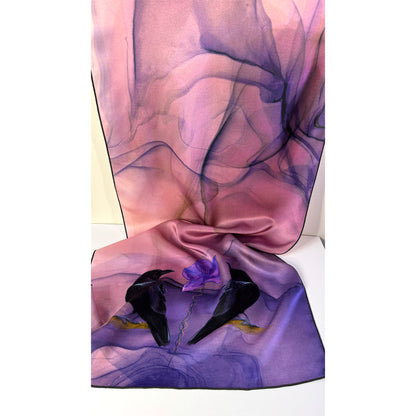 Silk scarf with purple, black and pink abstract design and two crows on a white background. Unique silk scarf suitable for client appreciation gifts and luxury corporate gifts. 