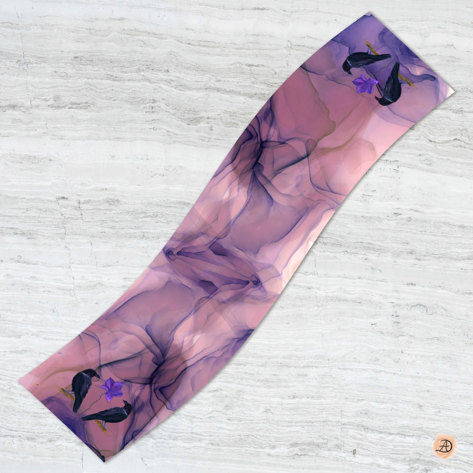 Silk scarf with purple, black and pink abstract design and two crows on each side, on a white background. Unique silk scarf suitable for client appreciation gifts and luxury corporate gifts. 