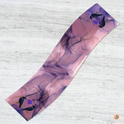 Silk scarf with purple, black and pink abstract design and two crows on each side, on a white background. Unique silk scarf suitable for client appreciation gifts and luxury corporate gifts. 