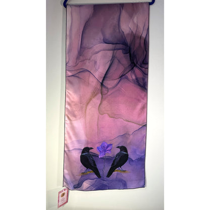 Silk scarf with purple, black and pink abstract design and two crows on a white background. Unique silk scarf suitable for client appreciation gifts and luxury corporate gifts. 