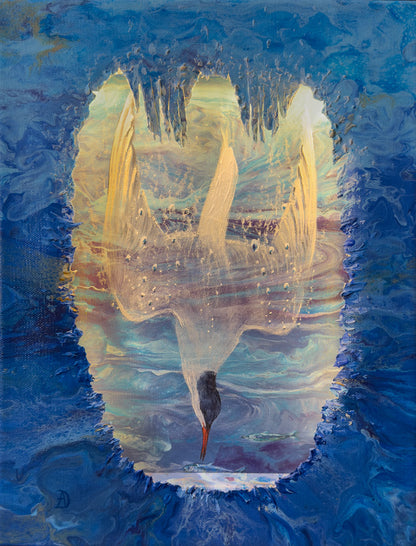 Painting of a tern bird diving into water. 