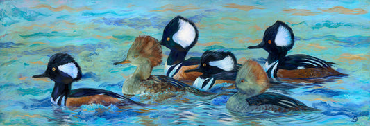 Painting of hooded mergansers swimming in water with a colorful background