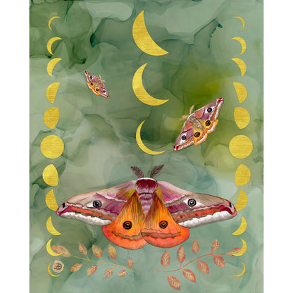 A square art print or poster featuring an abstract green background with a large emperor moth, and two smaller moths and multiple gold crescent moon and oval motifs arranged vertically along the sides.