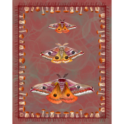 A rectangular print featuring three large moths in warm earthy tones on a rusty red background, framed by a border of small mushrooms and fringe along the edges.