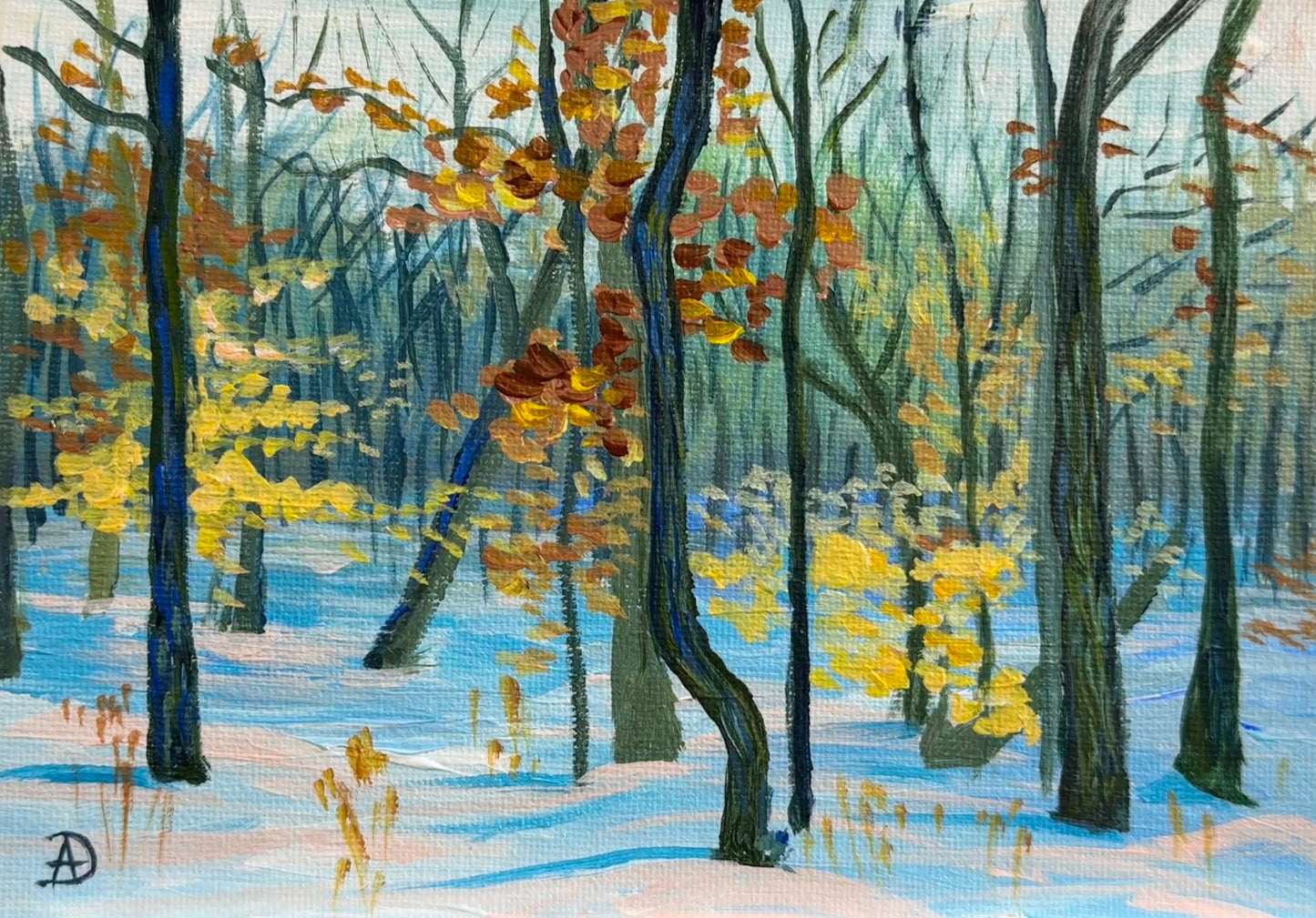 First Snow - a forest in the winter landscape with trees still bearing rusty foliage. Original acrylic painting by Andreea Dumez
