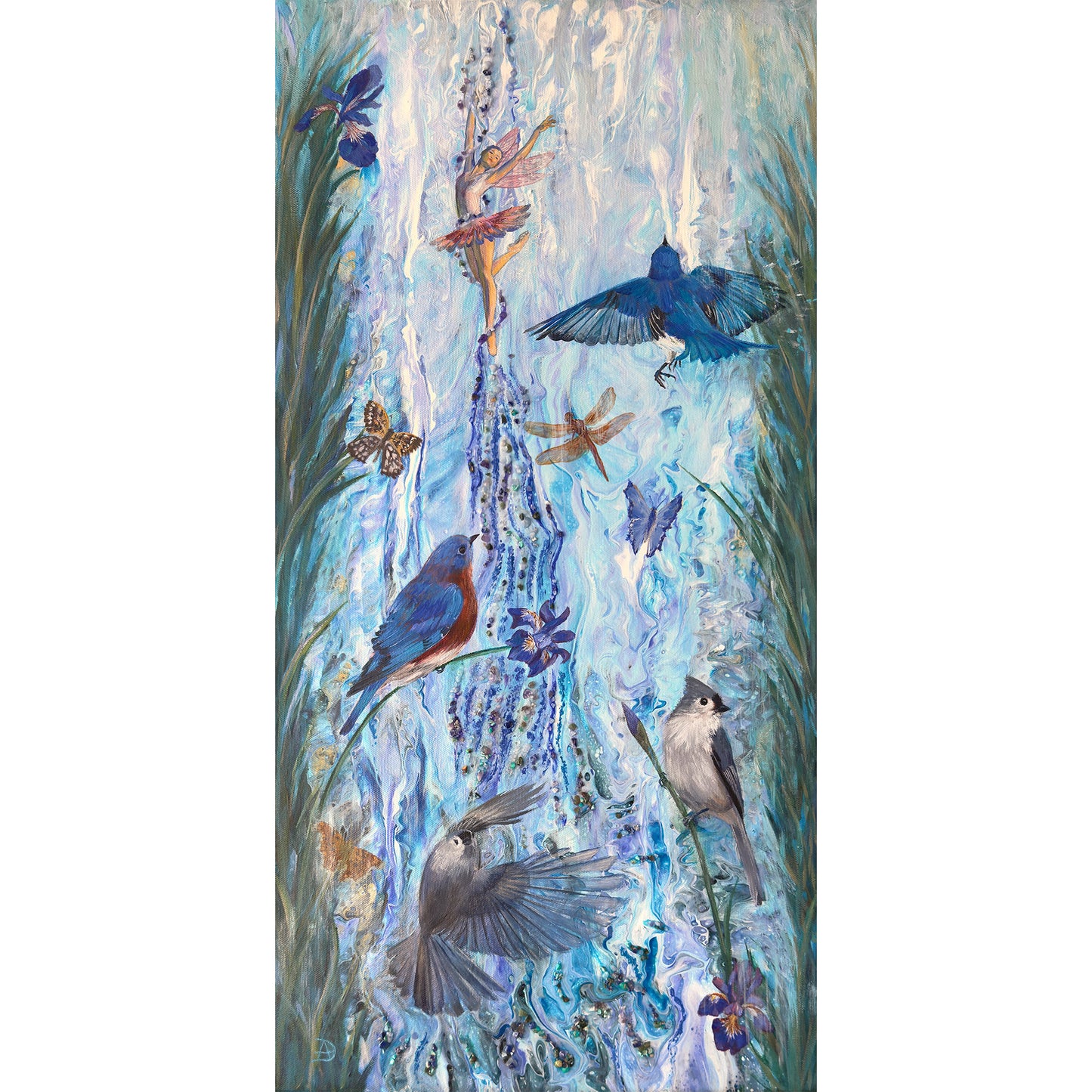 Painting of birds, fairies and butterflies in a natural setting with blue and green tones.