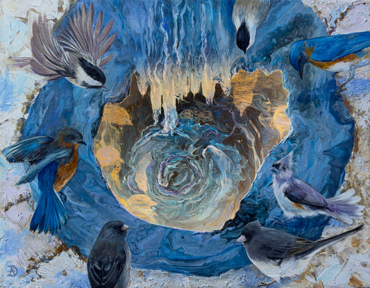 Framed artwork with backyard birds, such as bluebirds, juncos, titmice and chickadees, gathered around a small pond. The painting has abstract elements and an overall blue tonality.