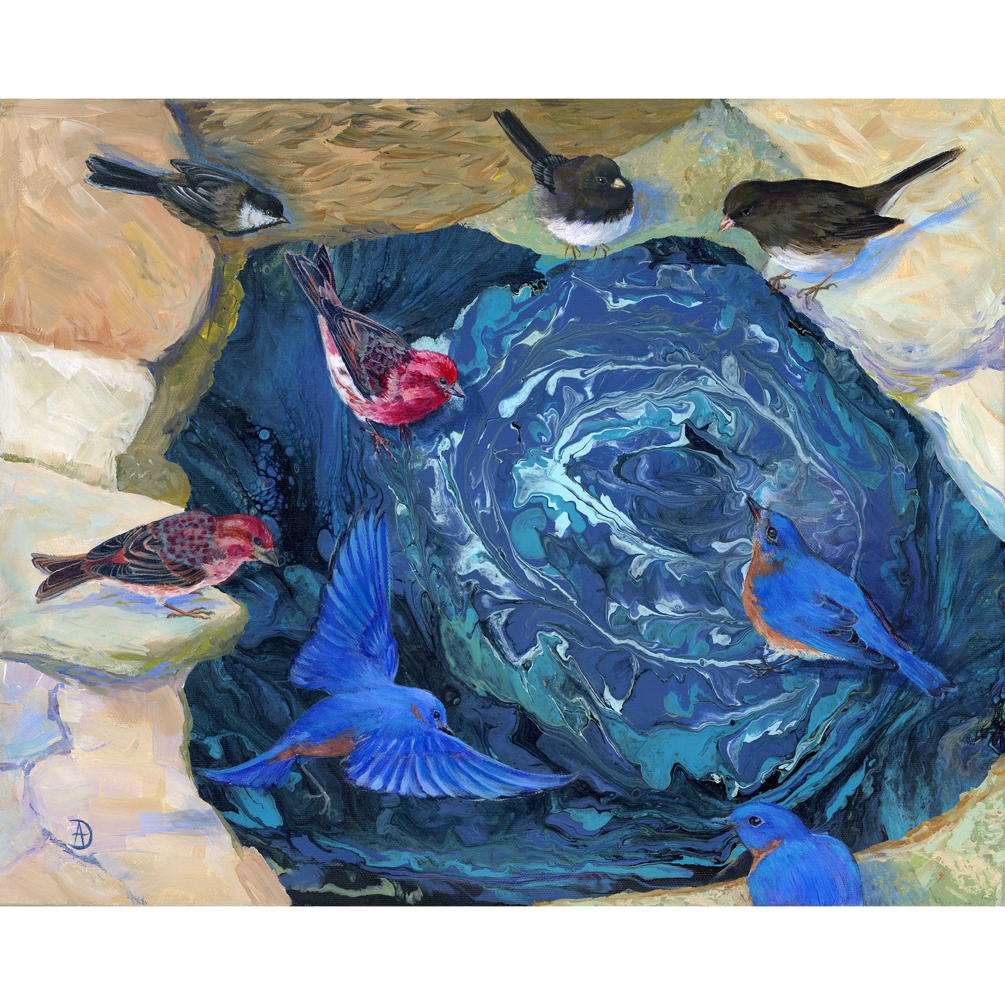 Fountain of Life - surrealist painting of backyard birds around a pond