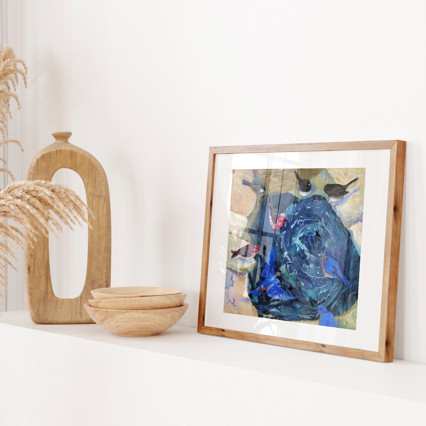 Fountain of Life - surrealist painting of backyard birds around a pond