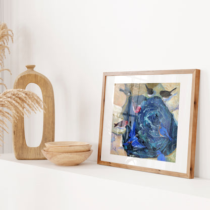 Fountain of Life - surrealist painting of backyard birds around a pond