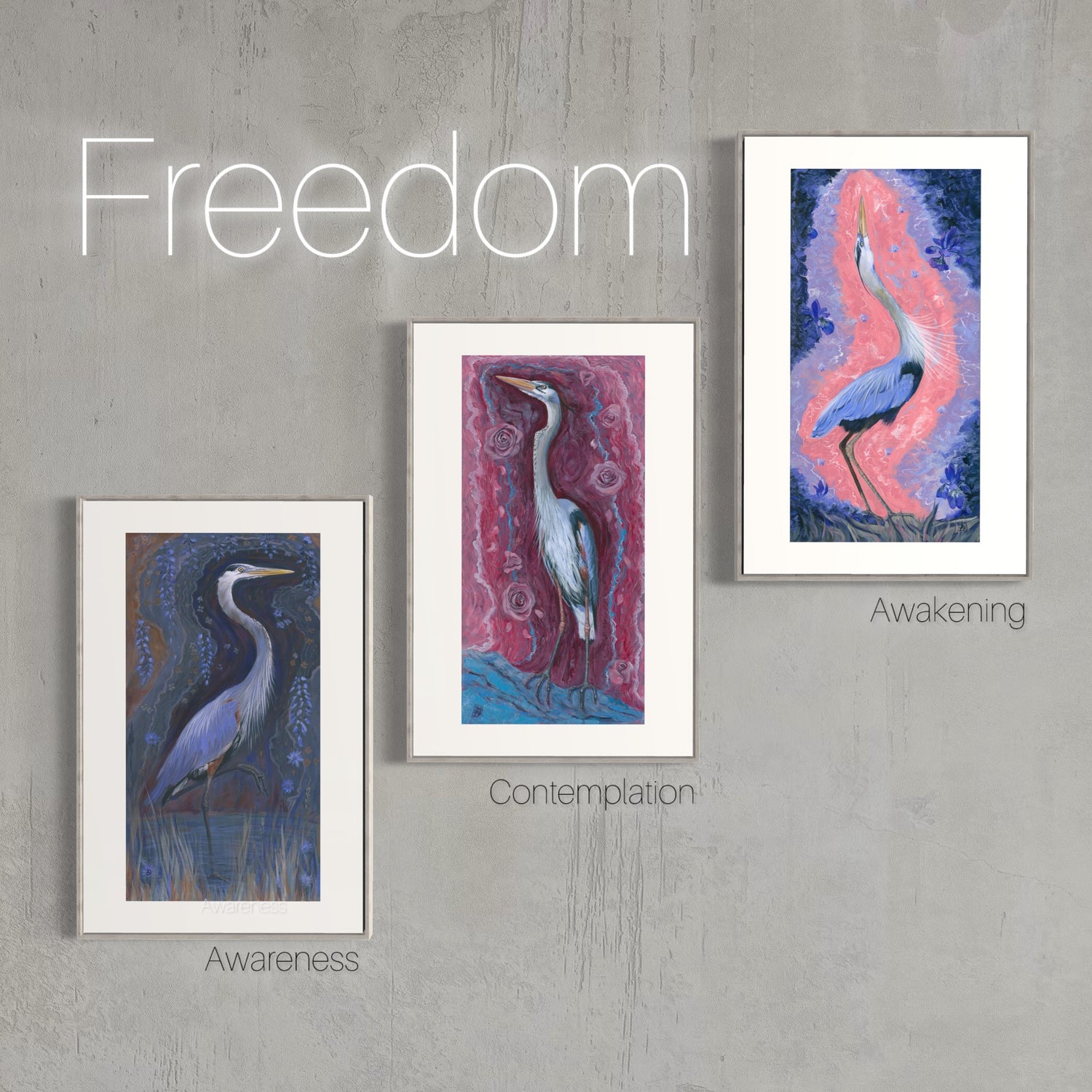 Freedom Collection Art prints by Andreea Dumez depicting three herons. 