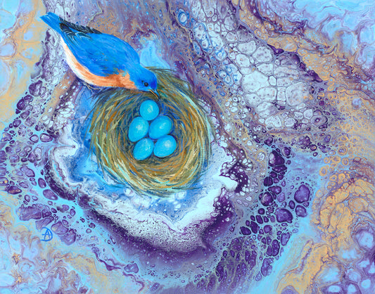 Artistic depiction of a bluebird and nest with eggs on a textured, multicolored background