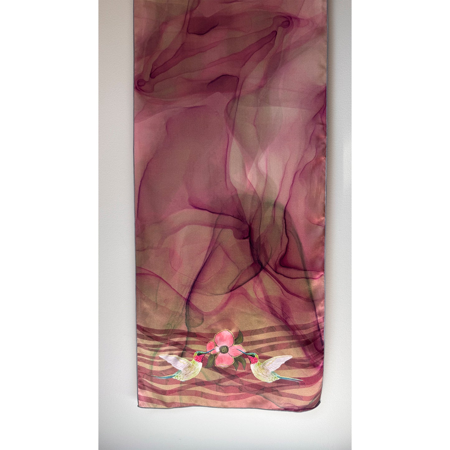 Silk scarf with floral and hummingbirds design on a white background. Unique silk scarf suitable for client appreciation gifts and luxury corporate gifts. 