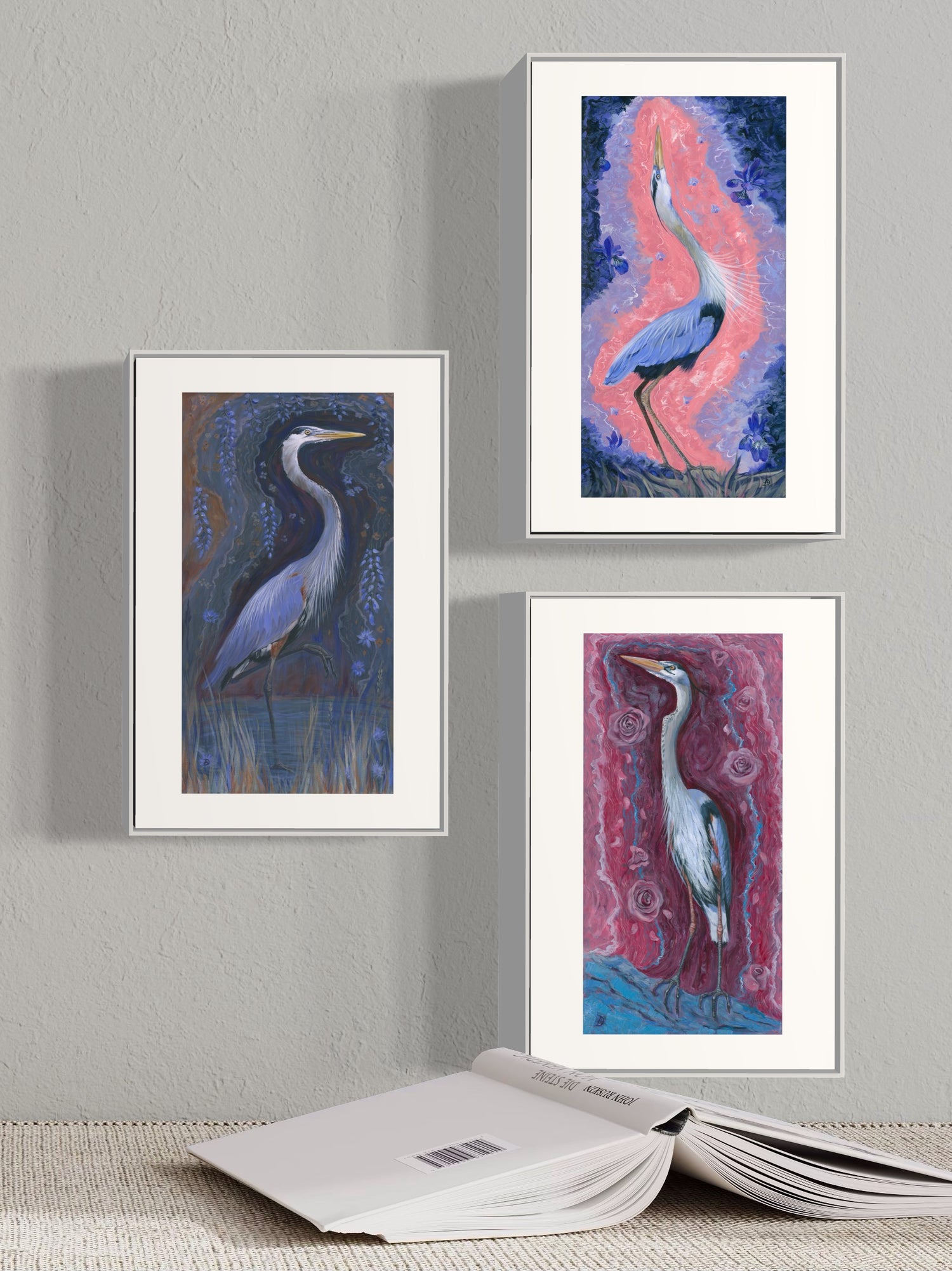 A collection of three heron art prints called "Freedom"