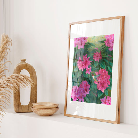 Hummingbird among azalea flowers - art print
