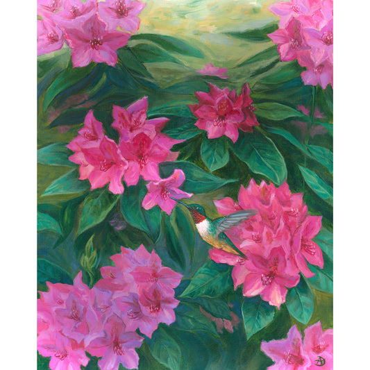 Hummingbird among azalea flowers