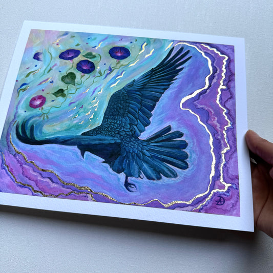 "Morning Glory" - Crow art prints with gold leaf